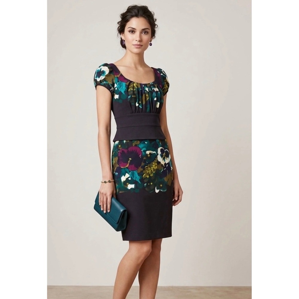 Suzi Chin Maggy Boutique Floral Sheath Dress 8 Black Colorblock Cocktail Cap